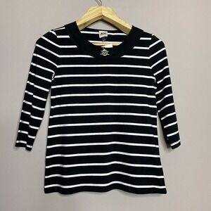 Anne Klein Black White Striped Top Pullover 3/4 Sleeve Size XS Women's